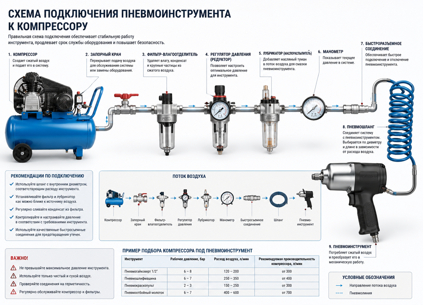 схема подключения пневмоинструмента к компрессору